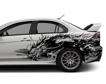 Chinese Dragon Car Decal, JDM Irezumi Graphic, Ink Splatter Auto Wrap, Tribal Racing Livery