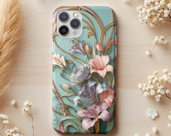 Vintage Floral Phone Case, Romantic Stained Glass iPhone Samsung Cover, Garden Aesthetic Case, Pastel Flower Art, Gift for Her