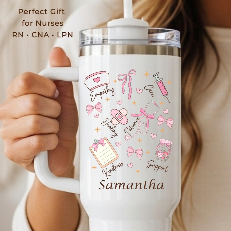 Nurse appreciation gift tumbler with custom name, personalized 40oz cup for RN CNA LPN nurses with pink medical themed artwork
