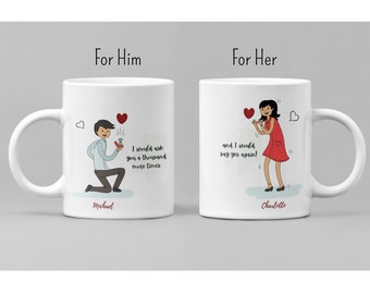 Personalized Engagement Mug Set, His and Hers Couple Mugs with Names, Romantic Gift for Fiancé Fiancée, Wedding or Anniversary Coffee Cups
