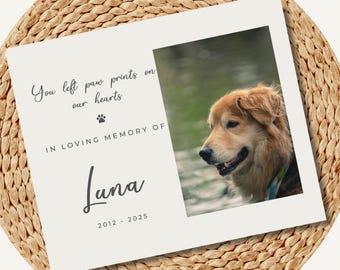 Pet Memorial Photo Board, Paw Prints on Our Hearts, Personalized Dog or Cat Memorial Photo Gift