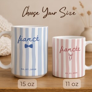 Fiancé and fiancée mug size comparison, 15oz and 11oz striped coffee mugs