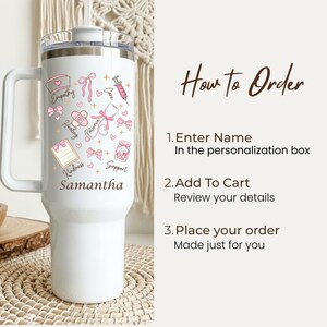How to order personalized nurse tumbler, custom 40oz insulated travel mug with name personalization instructions and nursing design