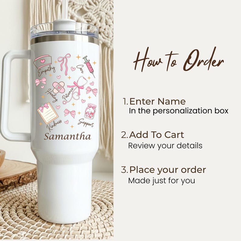 How to order personalized nurse tumbler, custom 40oz insulated travel mug with name personalization instructions and nursing design