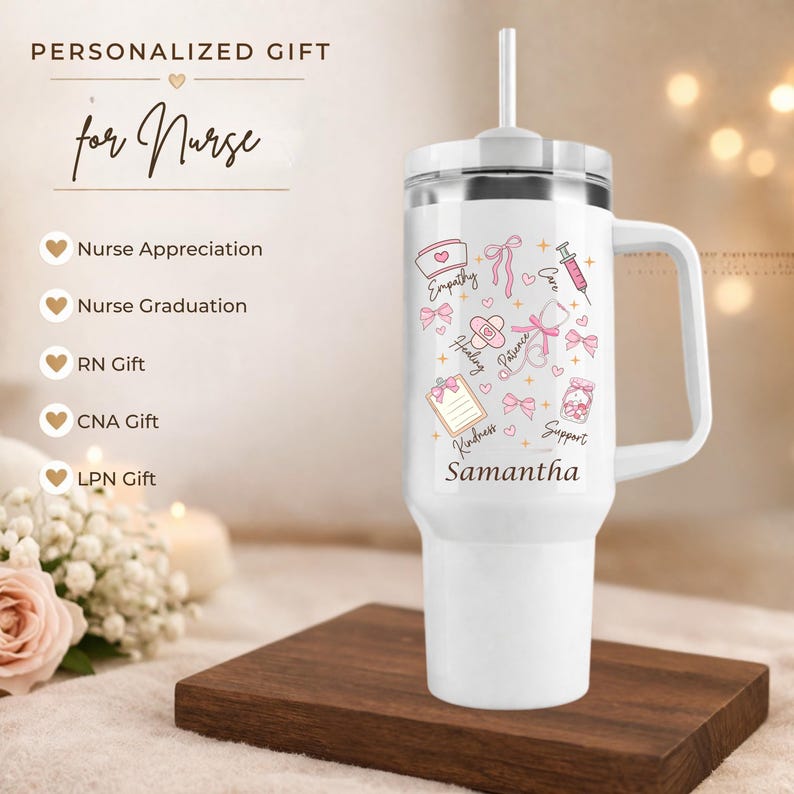 Personalized nurse gift tumbler displayed on wooden stand, custom 40oz insulated cup for nurse graduation, RN, CNA and LPN gift