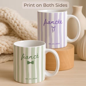 Fiancé and fiancée mugs with print on both sides in lavender and sage stripe colors
