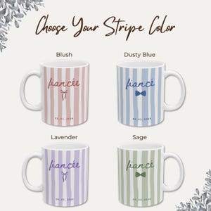 Fiancée and fiancé mug color options: blush, dusty blue, lavender, and sage stripes