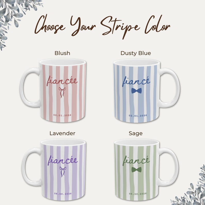 Fiancée and fiancé mug color options: blush, dusty blue, lavender, and sage stripes