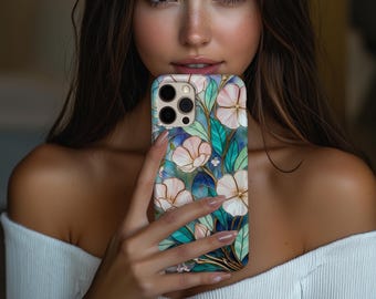 Pink Floral Phone Case, Stained Glass Botanical Phone Cover, Pastel Flower iPhone Case, Feminine Samsung Case, Gift for Her