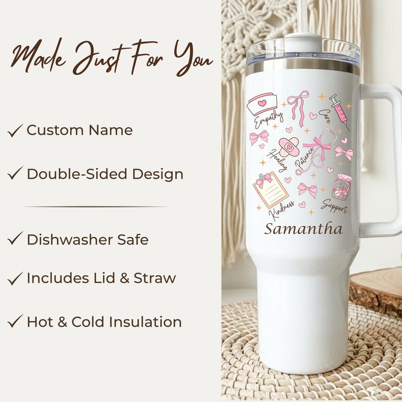 Personalized nurse tumbler features custom name, double sided design, dishwasher safe construction and hot cold insulation benefits