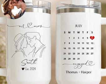 Personalized Stanley Cup 40oz, Couple Photo Calendar Tumbler, Custom Wedding Date Gift, Engagement Present, Anniversary Travel Mug
