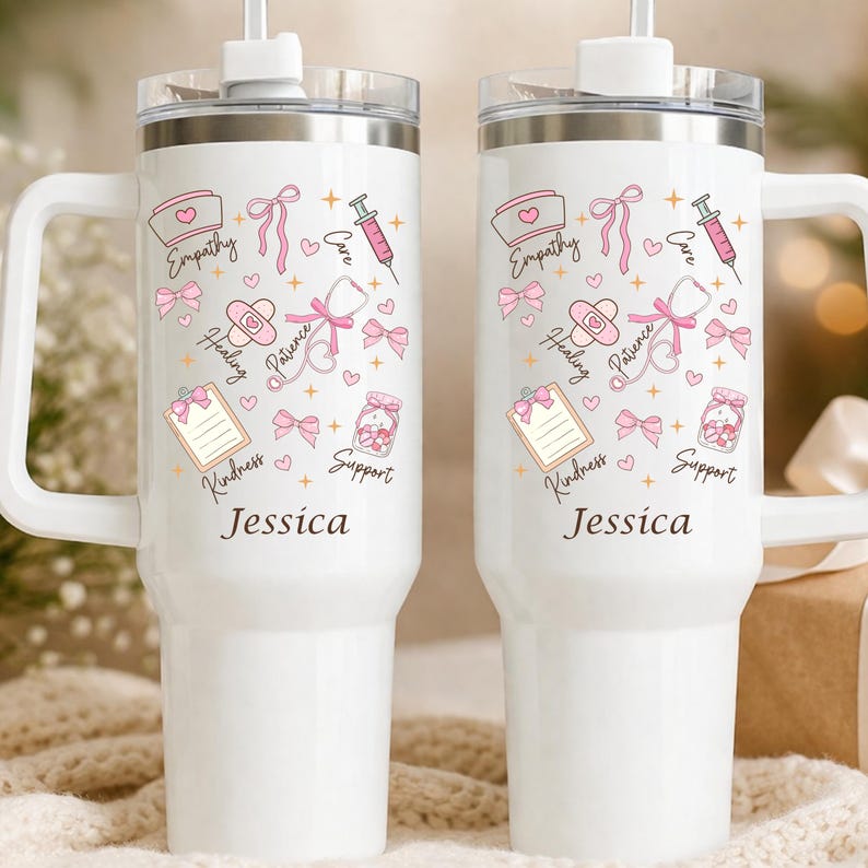 Double sided nurse tumbler design shown on white 40oz travel mug with custom name and pink nursing themed illustrations