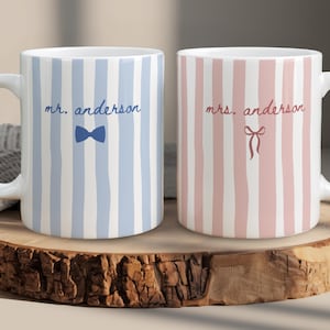 Personalized Mr and Mrs Mugs, Engagement Gift, Wedding Gift for Couple, Newly Engaged Gift, Wife Gift, Husband Gifts, Striped Mug