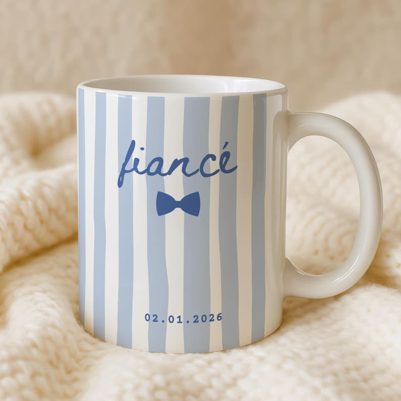 Personalized fiancé mug in dusty blue stripes with bow tie design and wedding date