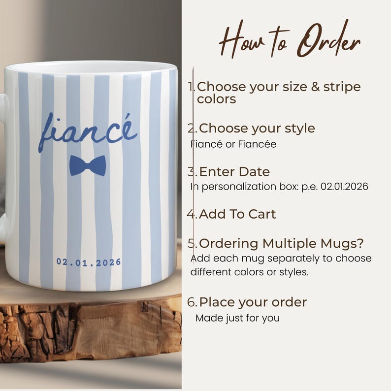 How to order personalized fiancé mug: choose size, style, and custom wedding date