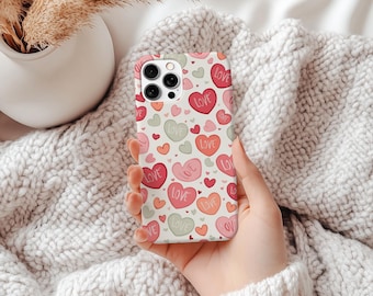 Valentine’s Candy Heart Phone Case, Cute Pastel iPhone Samsung Cover, Romantic Pink Heart Case Gift for Her, February Phone Case