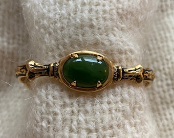Cuff bracelet - vintage gold plated with large nephrite British Columbia jade gemstone cabochon