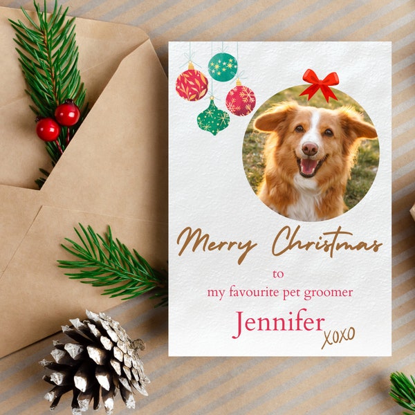 Personalised Card, Printable Christmas Dog Grooming Card, Editable Template, Gift For Pet Groomer, Photo Card Template, Canva Template