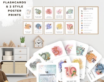 Tarjetas didácticas de los Diez Mandamientos: Estudio bíblico para niños, escuela dominical (PDF imprimible)