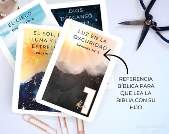7 Days Of Creation Flash Cards in Spanish, The Creation, Bible Lesson for Kids, Sunday School Lesson, Christian Homeschool Activity