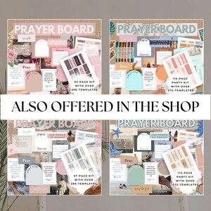 Op de afbeelding: Vier digitale printbare gebedsbordontwerpen met roze, blauwe en bruine accenten. Elk ontwerp bevat de tekst "Prayer Board" en "Pray" met een verscheidenheid aan inspirerende citaten en afbeeldingen. De ontwerpen zijn verkrijgbaar in twee formaten: 57-pagina's set met meer dan 296 sjablonen en 115-pagina's feestset met meer dan 572 sjablonen.