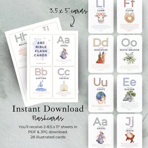 May include: A set of ABC Bible flashcards, each 3.5 x 5 inches, featuring watercolor illustrations and corresponding Bible verses. The cards are designed for instant download and include 28 illustrated cards in PDF and JPG format. The cards are labeled with letters from A to J.