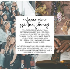 Op de afbeelding: Een groep mensen die samen lacht en glimlacht. De afbeelding bevat de tekst "enhance your spiritual journey". De tekst hieronder legt uit dat gebedsborden een visuele weergave zijn van intenties, verlangens en gebeden. De tekst moedigt ook aan om vrienden en familie te verzamelen om een gebedsbordfeest te organiseren.
