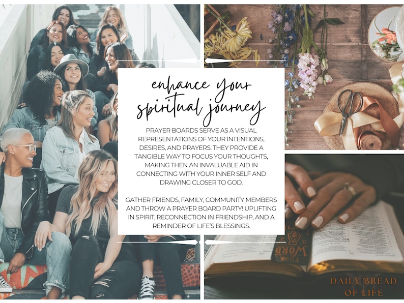 Op de afbeelding: Een groep mensen die samen lacht en glimlacht. De afbeelding bevat de tekst "enhance your spiritual journey". De tekst hieronder legt uit dat gebedsborden een visuele weergave zijn van intenties, verlangens en gebeden. De tekst moedigt ook aan om vrienden en familie te verzamelen om een gebedsbordfeest te organiseren.