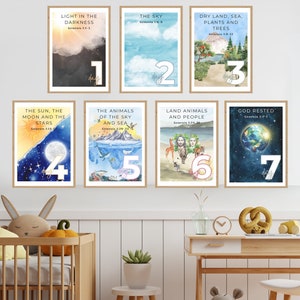 Lot d'affiches et de cartes mémoire Days of Creation, leçon d'école du dimanche, leçon d'école à la maison, art mural chrétien, affiche de la Bible, art de la Genèse