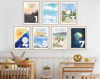 Days of Creation Printable Poster & Flashcard Bundle, Sunday School Lesson, Homeschool Lesson, Christian Wall Art, Bible Poster, Genesis Art