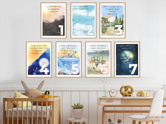 Days of Creation Printable Poster & Flashcard Bundle, Sunday School Lesson, Homeschool Lesson, Christian Wall Art, Bible Poster, Genesis Art