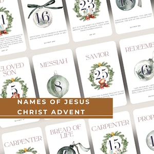 Calendrier de l'Avent Noms de Jésus-Christ, cartes de l'Avent imprimables avec écritures de Noël, cartes versets de la Bible, cadeau chrétien, compte à rebours de Noël