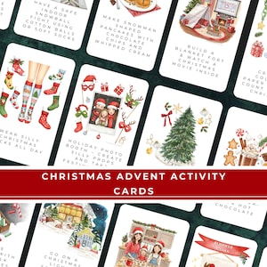 Puede incluir: Un conjunto de tarjetas de actividades navideñas del Adviento con varias ilustraciones festivas. Las tarjetas presentan actividades como hacer panqueques de muñeco de nieve, construir un fuerte de manta y usar calcetines navideños divertidos. El texto "Christmas Advent Activity Cards" está presente.