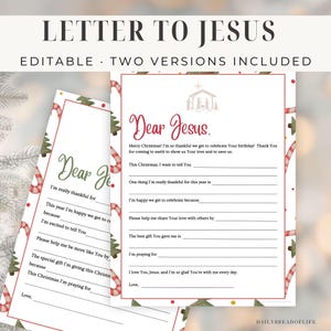 May include: Two printable "Letter to Jesus" templates. The templates are designed with a Christmas theme, featuring candy cane and Christmas tree borders. The text includes prompts for gratitude and prayer, with the words "Letter to Jesus" at the top.