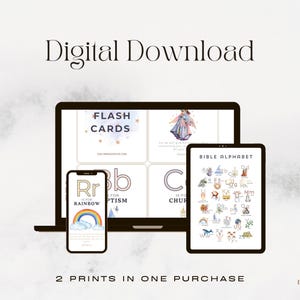 May include: Digital download featuring flash cards and a Bible alphabet chart displayed on a laptop, tablet, and phone. The phone shows a rainbow graphic. Text includes "2 Prints in One Purchase" and "Daily Bread of Life."