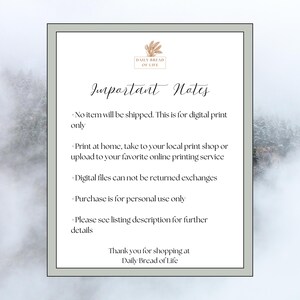 May include: A white paper with the text "Important Notes" and a logo for "Daily Bread of Life". The text includes information about digital prints, printing options, and usage rights. The background is a blurred image of a winter landscape.