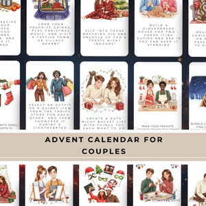 May include: Advent calendar for couples with illustrated activity ideas. The calendar features various illustrations with text such as "Grab your favorite drinks" and "Create a date night bucket list".