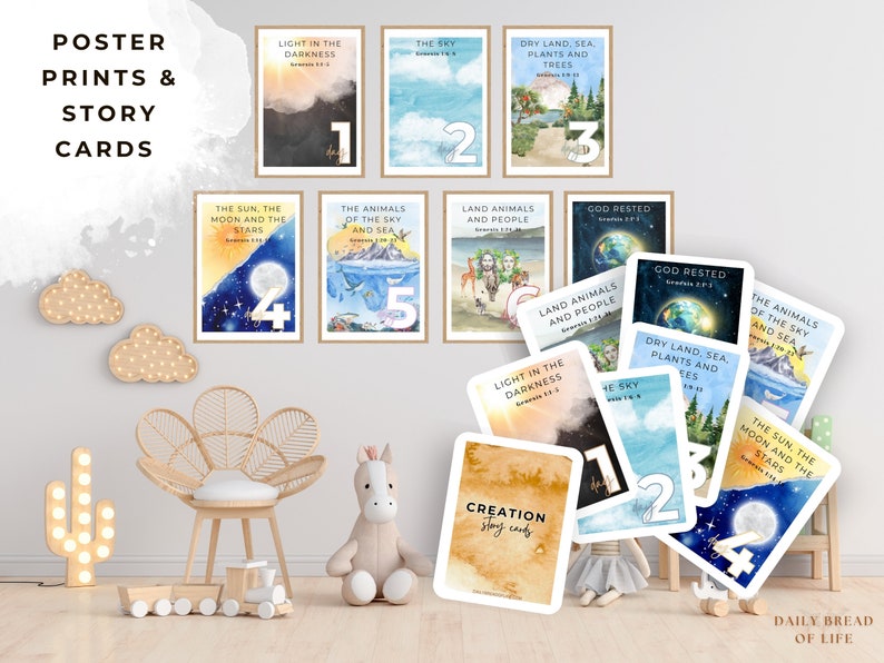 Puede incluir: Un conjunto de tarjetas de historia ilustradas coloridas para ni&ntilde;os. Las tarjetas presentan im&aacute;genes de la historia de la creaci&oacute;n de la Biblia, con vers&iacute;culos b&iacute;blicos correspondientes. Las tarjetas son perfectas para ense&ntilde;ar a los ni&ntilde;os sobre la creaci&oacute;n de Dios.