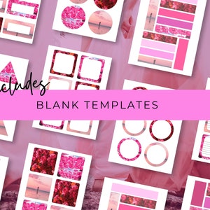 Op de afbeelding: Een set bedrukbare planner stickers met roze en witte bloemenontwerpen. De stickers omvatten cirkels, vierkanten, driehoeken en rechthoeken. De tekst "includes BLANK TEMPLATES" staat op een roze banner.