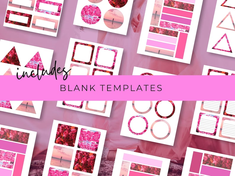 Op de afbeelding: Een set bedrukbare planner stickers met roze en witte bloemenontwerpen. De stickers omvatten cirkels, vierkanten, driehoeken en rechthoeken. De tekst "includes BLANK TEMPLATES" staat op een roze banner.