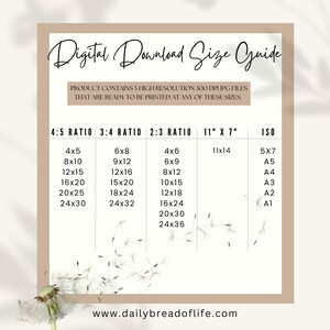 May include: A digital download size guide with various print ratios and sizes, including 4:5, 3:4, 2:3, 11" x 7", and ISO formats. The guide lists sizes like 4x5, 8x10, 12x15, and more. The text states the product contains 5 high-resolution 300 DPI JPG files.