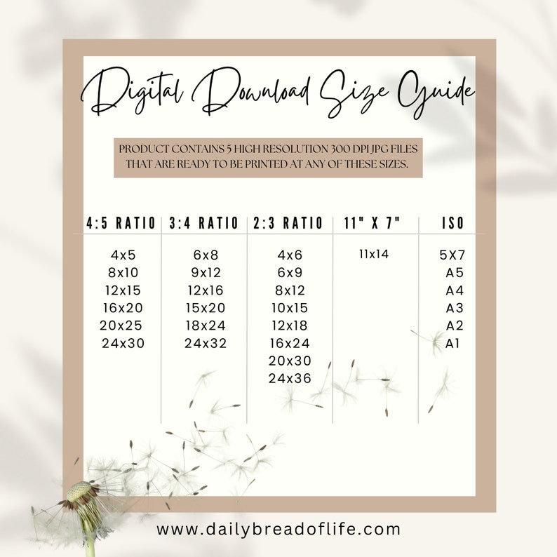 May include: A digital download size guide with various print ratios and sizes, including 4:5, 3:4, 2:3, 11" x 7", and ISO formats. The guide lists sizes like 4x5, 8x10, 12x15, and more. The text states the product contains 5 high-resolution 300 DPI JPG files.