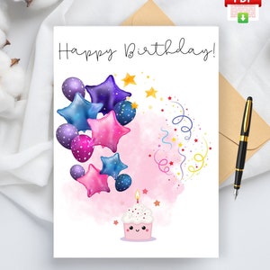 Download DIGITALE della cartolina con palloncini di buon compleanno - Biglietto di compleanno per bambini stampabile con palloncini colorati - Biglietto per il primo compleanno di una bambina
