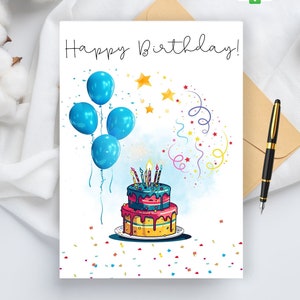 Happy Birthday Ballons Card - Afdrukbare Kids Blue Verjaardagskaart met kleurrijke ballonnen - Kleine jongen eerste verjaardagskaart