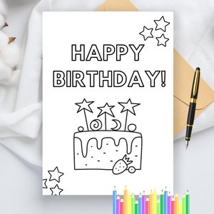 DRUCKBARE Alles Gute zum Geburtstag-Malkarte | Kuchen-Geburtstagskarte | Geburtstagskarte für Kinder | Basteln Sie Ihre eigene Karte zum Geburtstag zum Selberdrucken