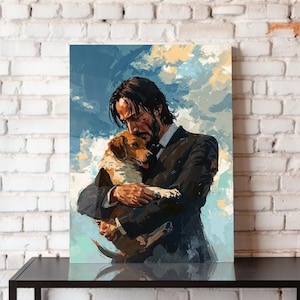 Könnte beinhalten: Leinwanddruck mit einer stilisierten Illustration eines Mannes im Anzug, der einen Hund umarmt. Das Kunstwerk hat einen malerischen Stil mit einer Farbpalette aus Blau, Beige und Braun. Der Hintergrund hat ein himmelartiges Aussehen.