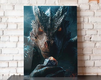 May include: A digital art print featuring a detailed dragon with glowing orange eyes. The dragon holds a twenty-sided die, with the number 20 visible. The artwork has a fantasy theme and is set against a dark, smoky background.