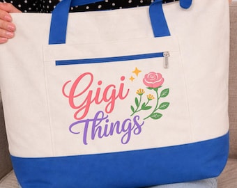 Gigi Things Zippered Canvas Tote Bag, Grandma Gift, Mother's Day Bag