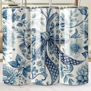 Envoltura para vaso de 20 oz con lazo azul, estampado floral chinoiserie sin costuras, descarga digital por sublimación, patrón floral chinoiserie moderno PNG