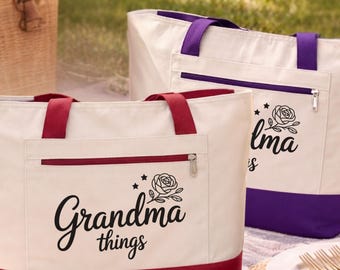 Grandma Things Zippered Canvas Tote Bag, Durable Cotton Gift
